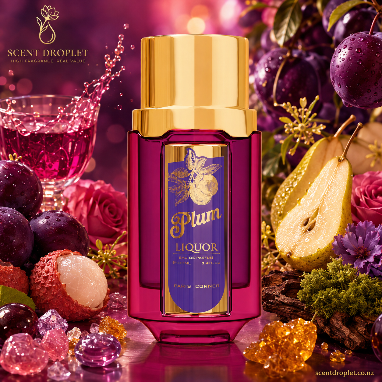Plum Liquor by Paris Corner EDP bottle with plum and fruit backdrop