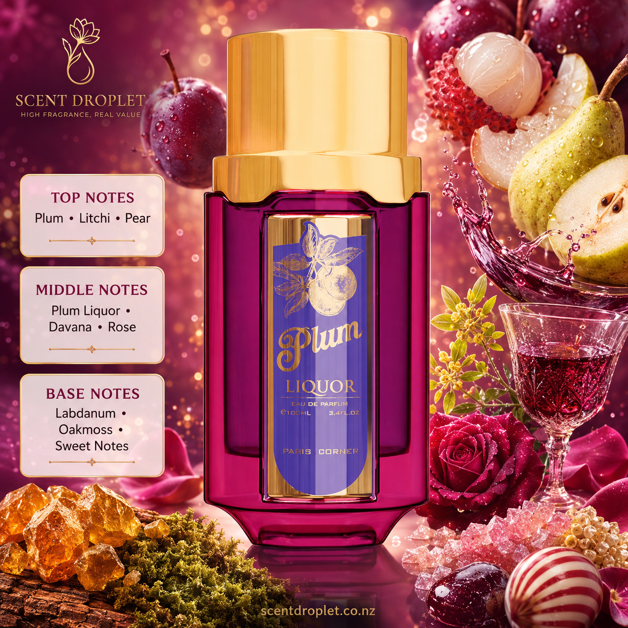 Plum Liquor by Paris Corner EDP fragrance notes - Top: Plum, Litchi, Pear | Middle: Plum Liquor, Davana, Rose | Base: Labdanum, Oakmoss, Sweet Notes