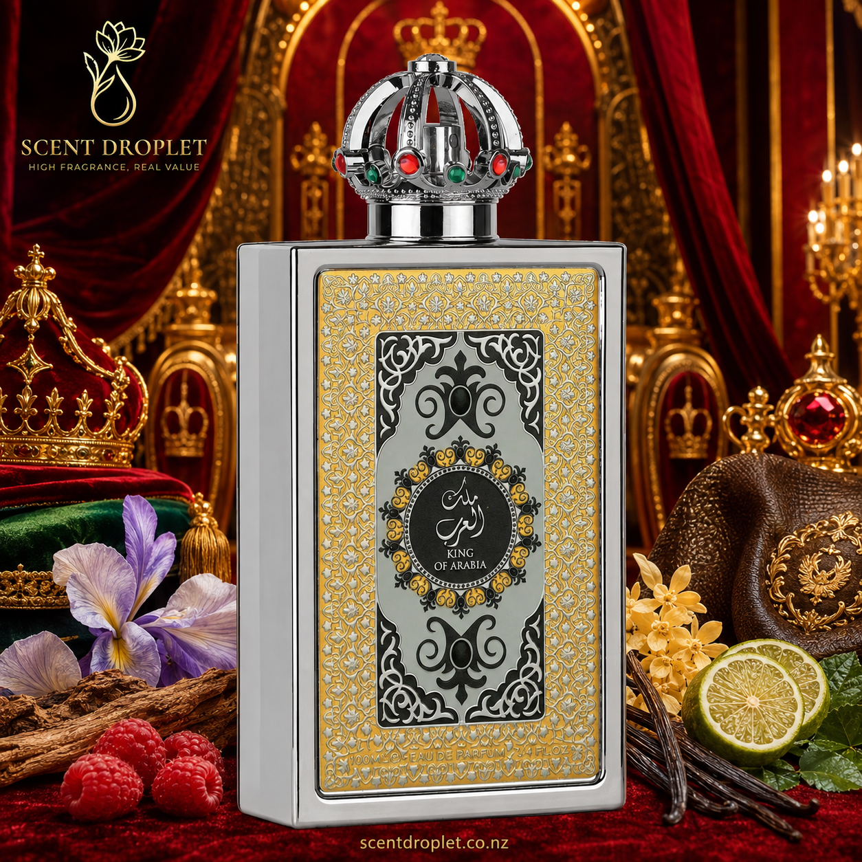 King of Arabia by Lattafa EDP bottle with royal crown cap against red velvet backdrop