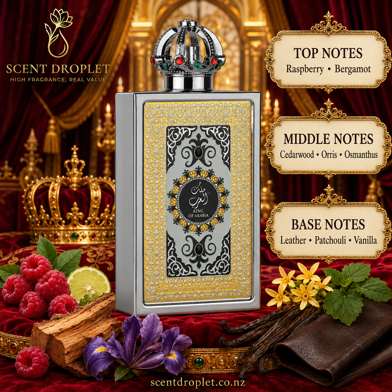 King of Arabia by Lattafa EDP fragrance notes - Top: Raspberry, Bergamot | Middle: Cedarwood, Orris, Osmanthus | Base: Leather, Patchouli, Vanilla
