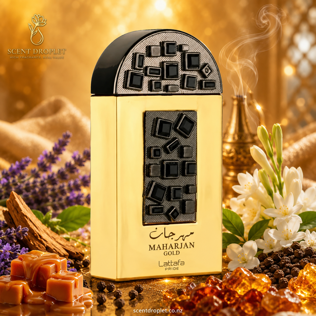 Maharjan Gold by Lattafa EDP bottle with fragrance notes - Top: Pepper, Lavender | Middle: Incense, Tuberose, Jasmine | Base: Caramel, Cedarwood, Amber, Cashmeran