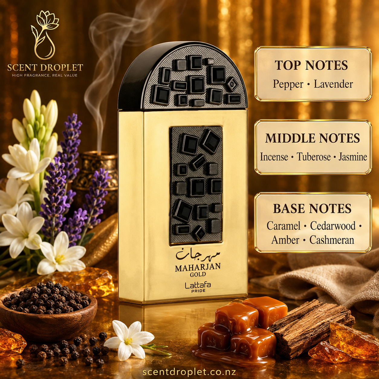 Maharjan Gold by Lattafa EDP gold bottle surrounded by lavender, jasmine, caramel and amber ingredients