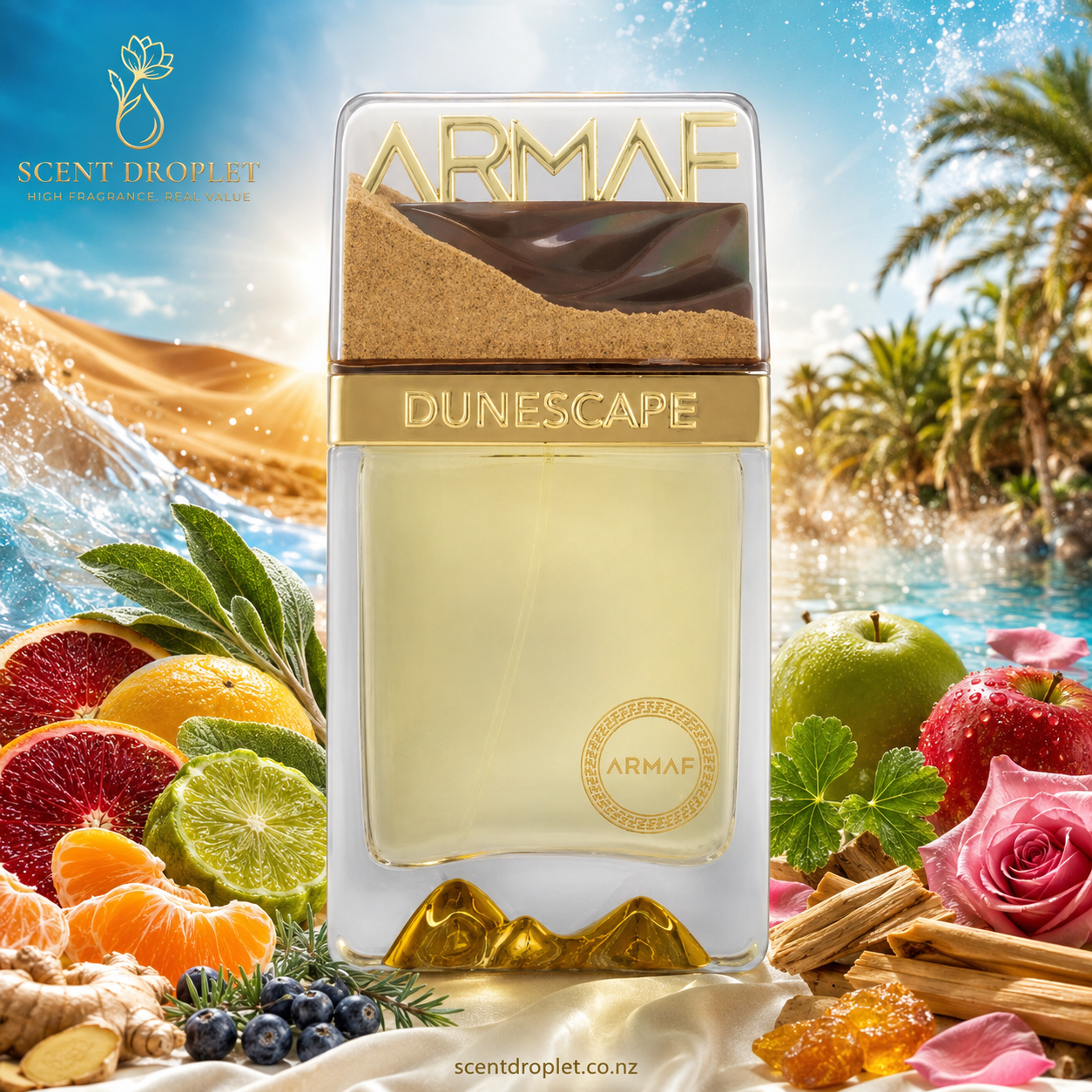 Dunescape Dubai by Armaf Extrait de Parfum bottle with fragrance notes - Top: Blood Orange, Bergamot, Mandarin, Sage, Lemon, Ginger, Juniper | Middle: Apple, Ozonic Notes, Geranium, Cashmeran, Rose | Base: Musk, Sandalwood, Amber