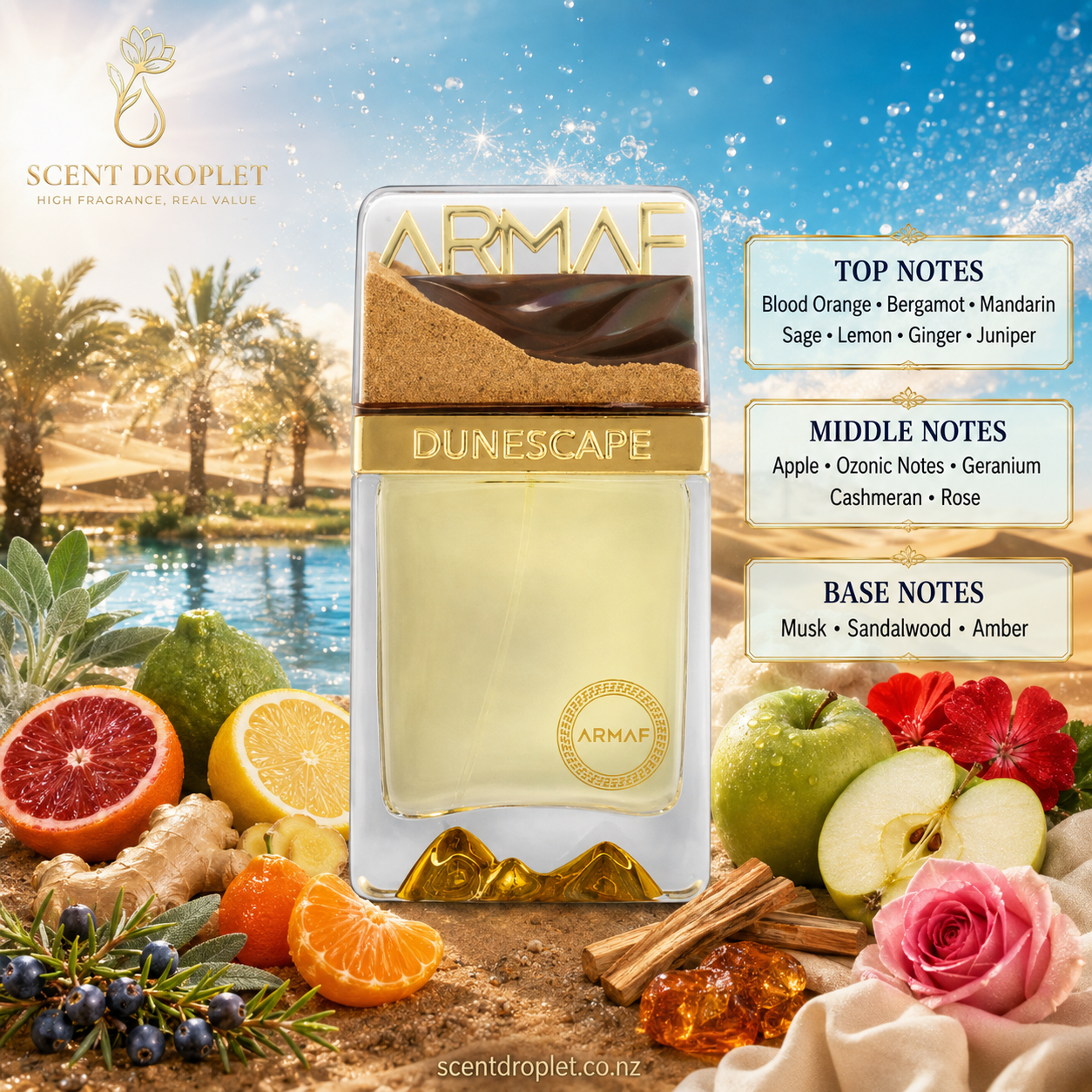 Dunescape Dubai by Armaf Extrait de Parfum bottle surrounded by citrus fruits, apple, rose and sandalwood ingredients