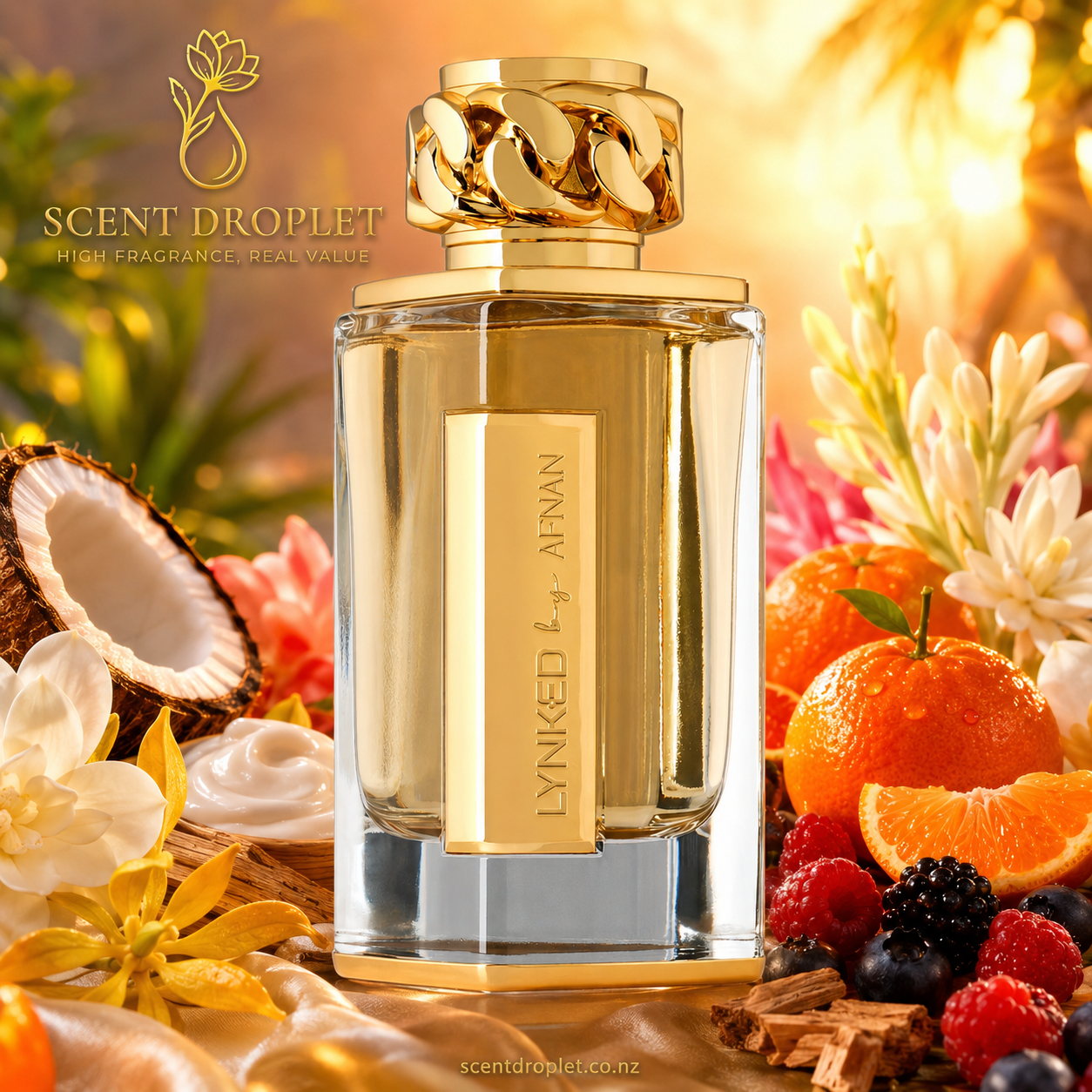Lynked Forever for Women by Afnan EDP bottle surrounded by mandarin, berries, coconut and tropical flowers