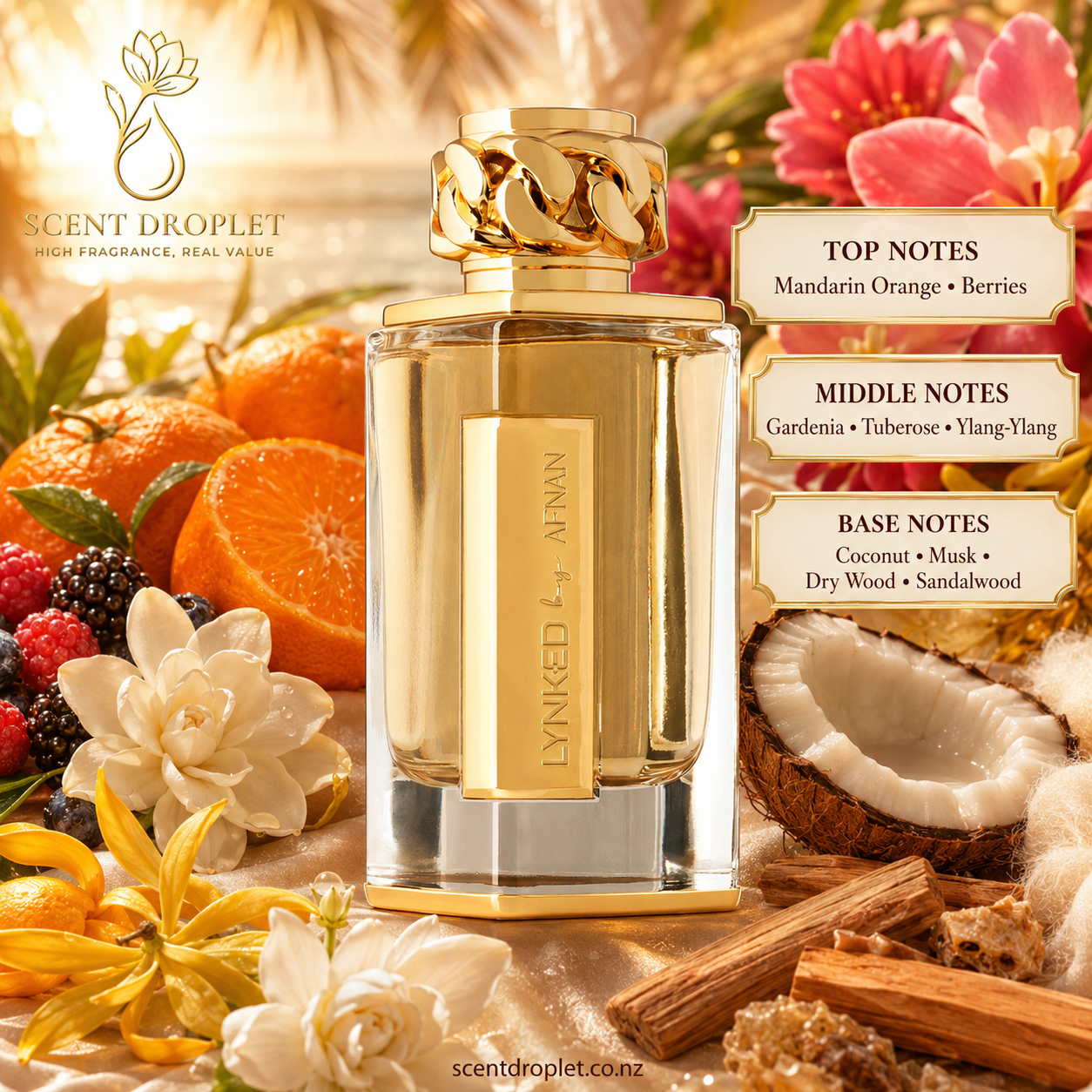 Lynked Forever for Women by Afnan EDP fragrance notes - Top: Mandarin Orange, Berries | Middle: Gardenia, Tuberose, Ylang-Ylang | Base: Coconut, Musk, Dry Wood, Sandalwood