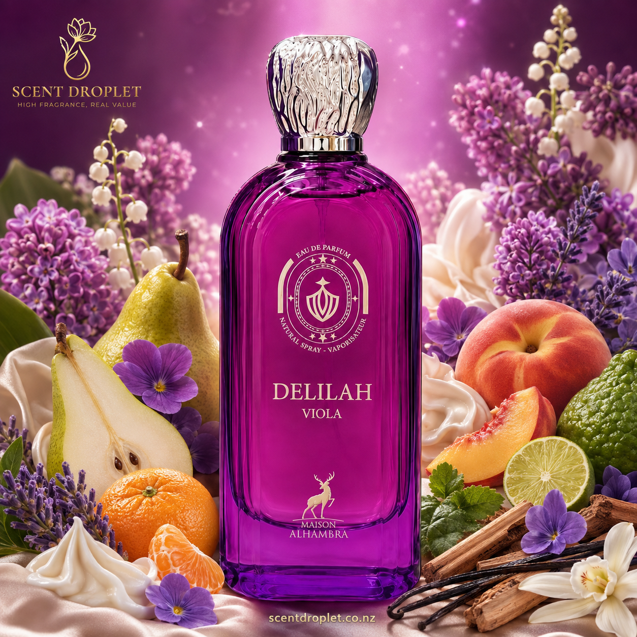 Delilah Viola by Maison Alhambra EDP purple bottle surrounded by pear, peach, mandarin, violet and lilac flowers