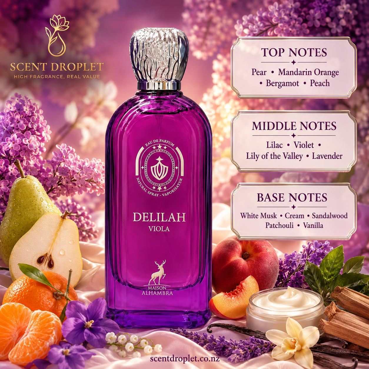 Delilah Viola by Maison Alhambra EDP fragrance notes - Top: Pear, Mandarin Orange, Bergamot, Peach | Middle: Lilac, Violet, Lily of the Valley, Lavender | Base: White Musk, Cream, Sandalwood, Patchouli, Vanilla
