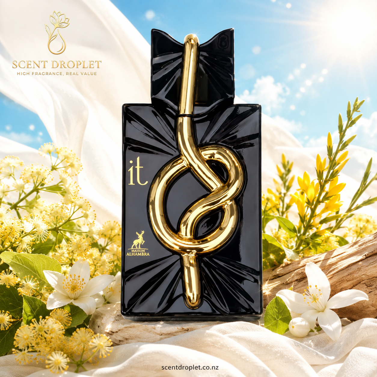 IT by Maison Alhambra EDP black bottle with gold knot detail surrounded by linden blossom, jasmine and orange blossom with key scent notes