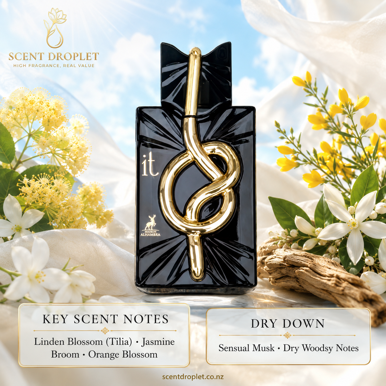 IT by Maison Alhambra EDP black bottle with gold knot detail surrounded by linden blossom, jasmine and broom flowers