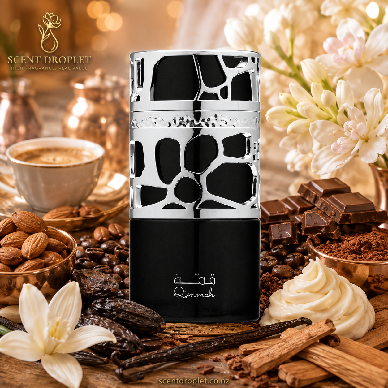 Qimmah for Men by Lattafa EDP black bottle with silver lattice cap surrounded by coffee, almond, jasmine, vanilla and cocoa with fragrance notes