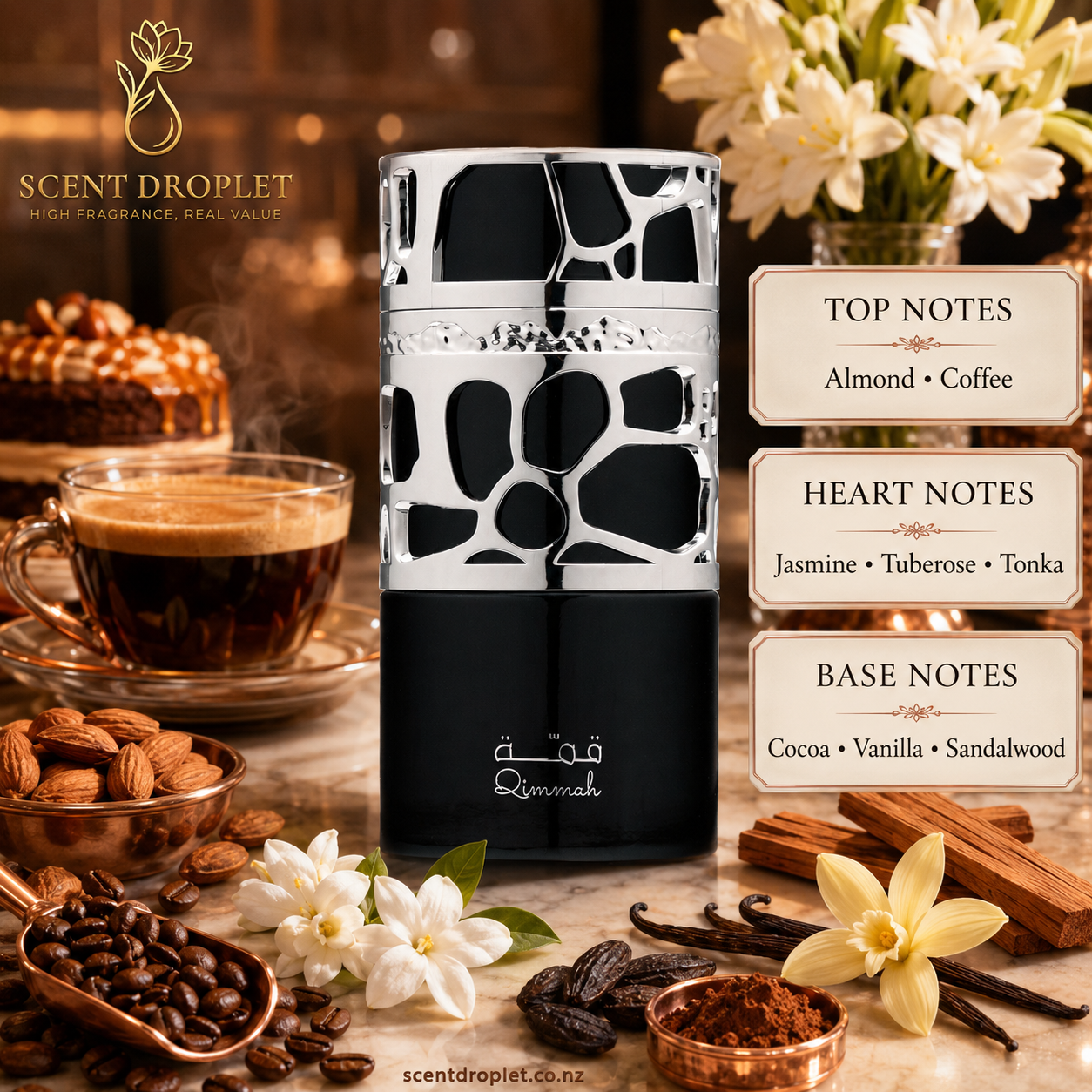 Qimmah for Men by Lattafa EDP black bottle with silver lattice cap surrounded by coffee beans, almonds, vanilla, chocolate and cream