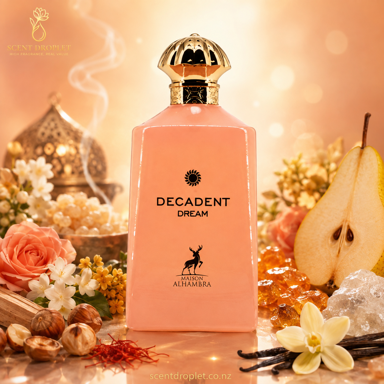 Decadent Dream by Maison Alhambra EDP pink bottle with gold cap surrounded by pear, hazelnut, saffron, rose and jasmine with fragrance notes
