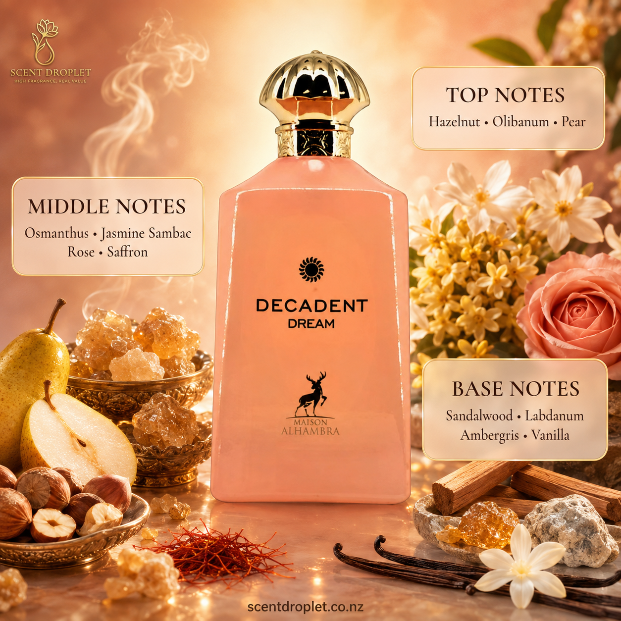 Decadent Dream by Maison Alhambra EDP pink bottle with gold cap surrounded by pear, hazelnut, vanilla, rose and osmanthus flowers