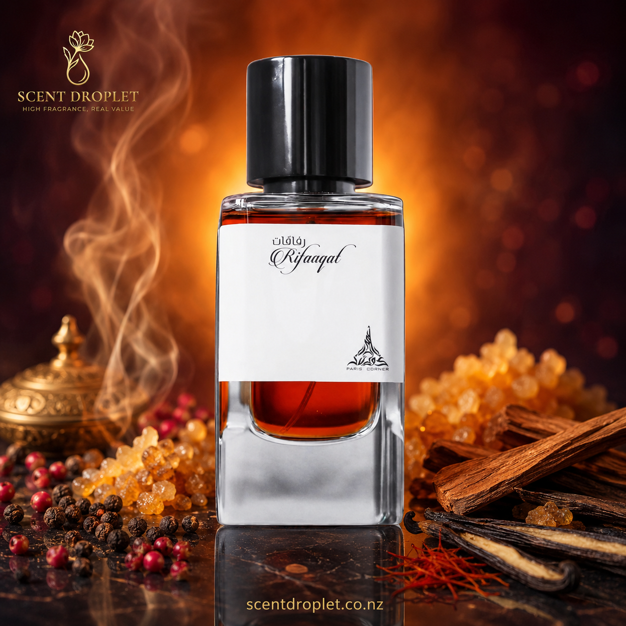 Rifaaqat by Paris Corner EDP clear bottle with black cap surrounded by black pepper, pink pepper, saffron, vanilla and cedarwood with fragrance notes