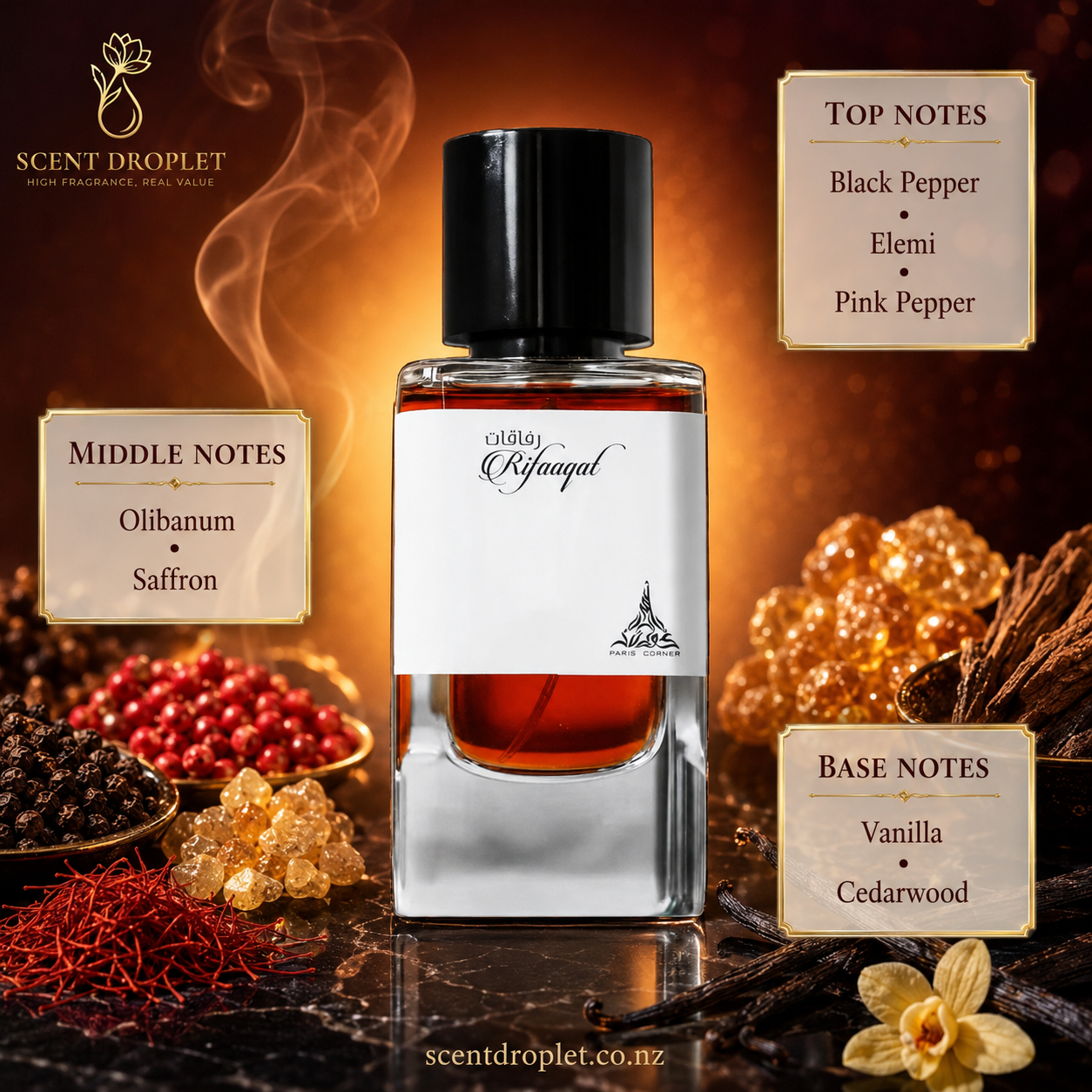 Rifaaqat by Paris Corner EDP clear bottle with black cap surrounded by black pepper, pink pepper, saffron, elemi resin and cedarwood
