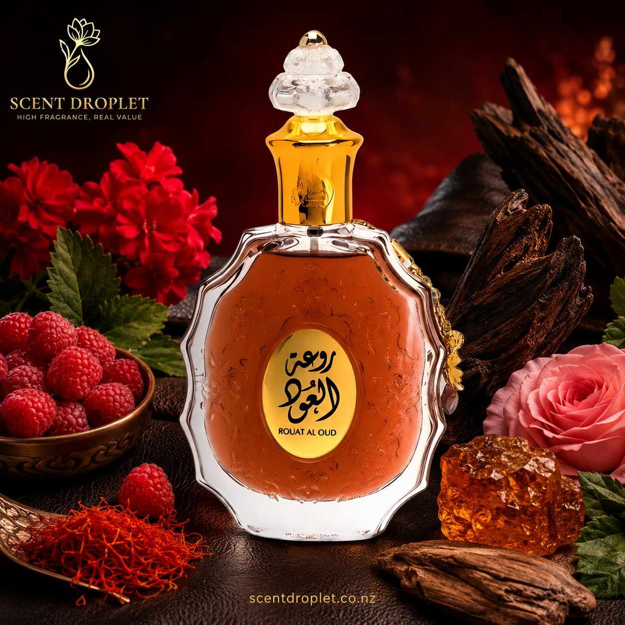 Rouat Al Oud by Lattafa EDP bottle surrounded by saffron, raspberry, rose and oud