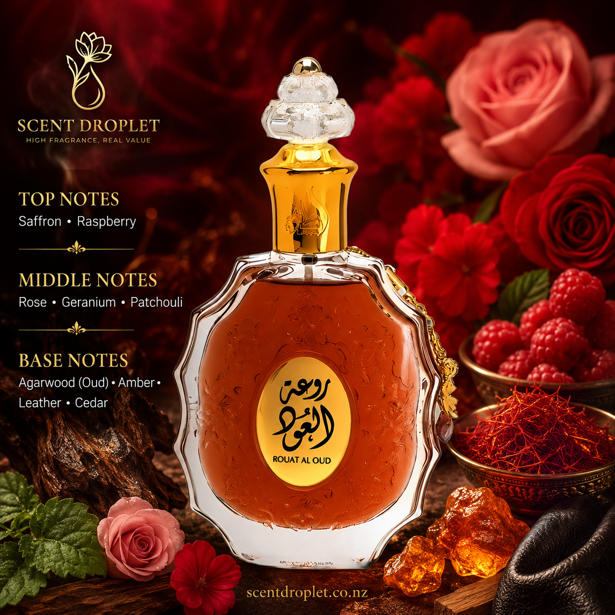 Rouat Al Oud by Lattafa EDP bottle with fragrance notes listed