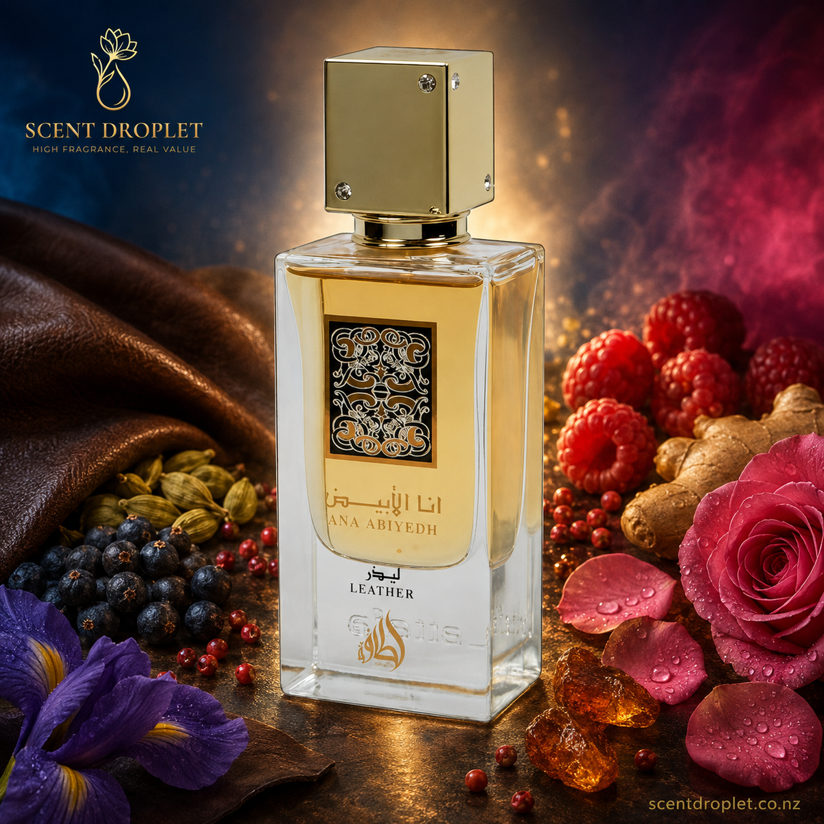 I Am White Leather by Lattafa EDP bottle surrounded by juniper, raspberry, iris and rose