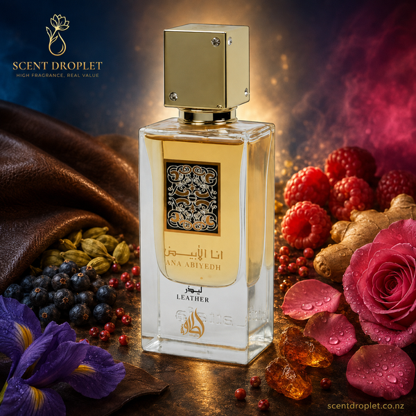 I Am White Leather by Lattafa EDP bottle surrounded by juniper, raspberry, iris and rose