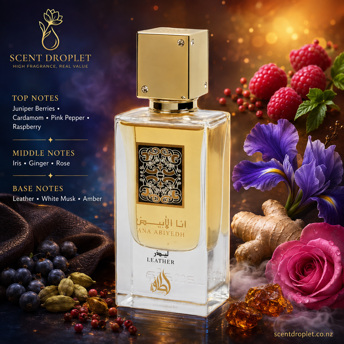 I Am White Leather by Lattafa EDP bottle with fragrance notes listed