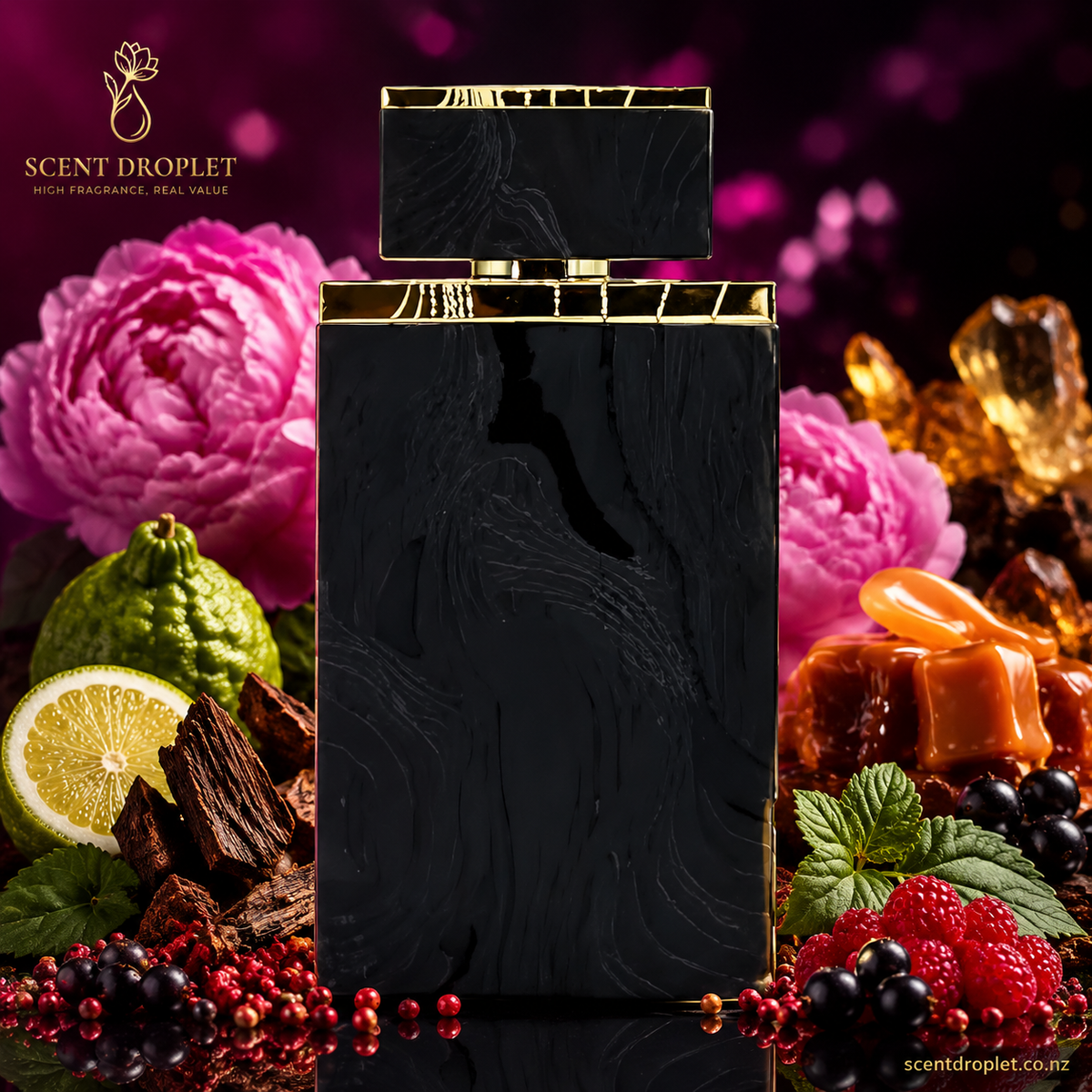 Ramaad Al Oud by Lattafa EDP bottle surrounded by pink pepper, bergamot, oud and caramel