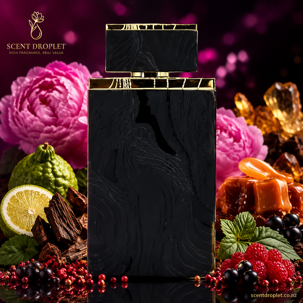 Ramaad Al Oud by Lattafa EDP bottle surrounded by pink pepper, bergamot, oud and caramel