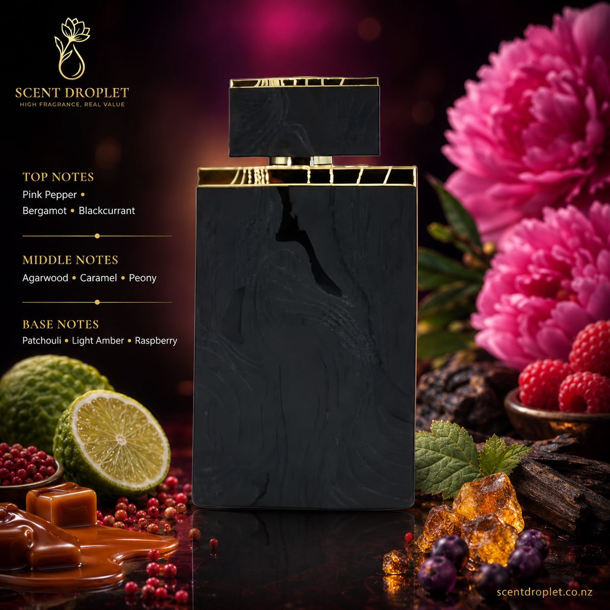 Ramaad Al Oud by Lattafa EDP bottle with fragrance notes listed