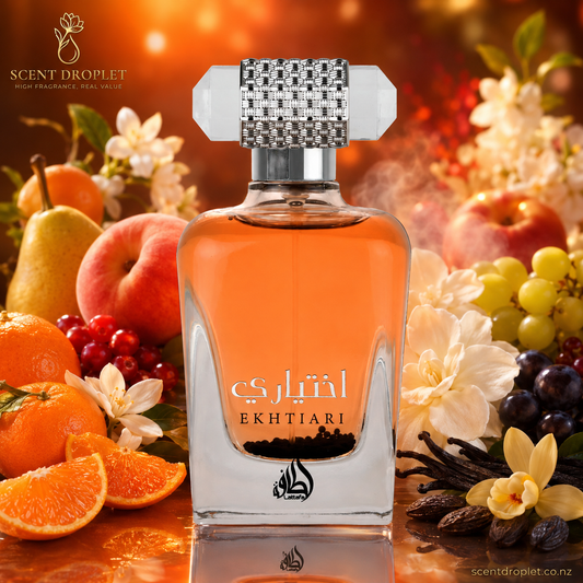 Ekhtiari by Lattafa EDP bottle surrounded by mandarin, fruits, jasmine and vanilla