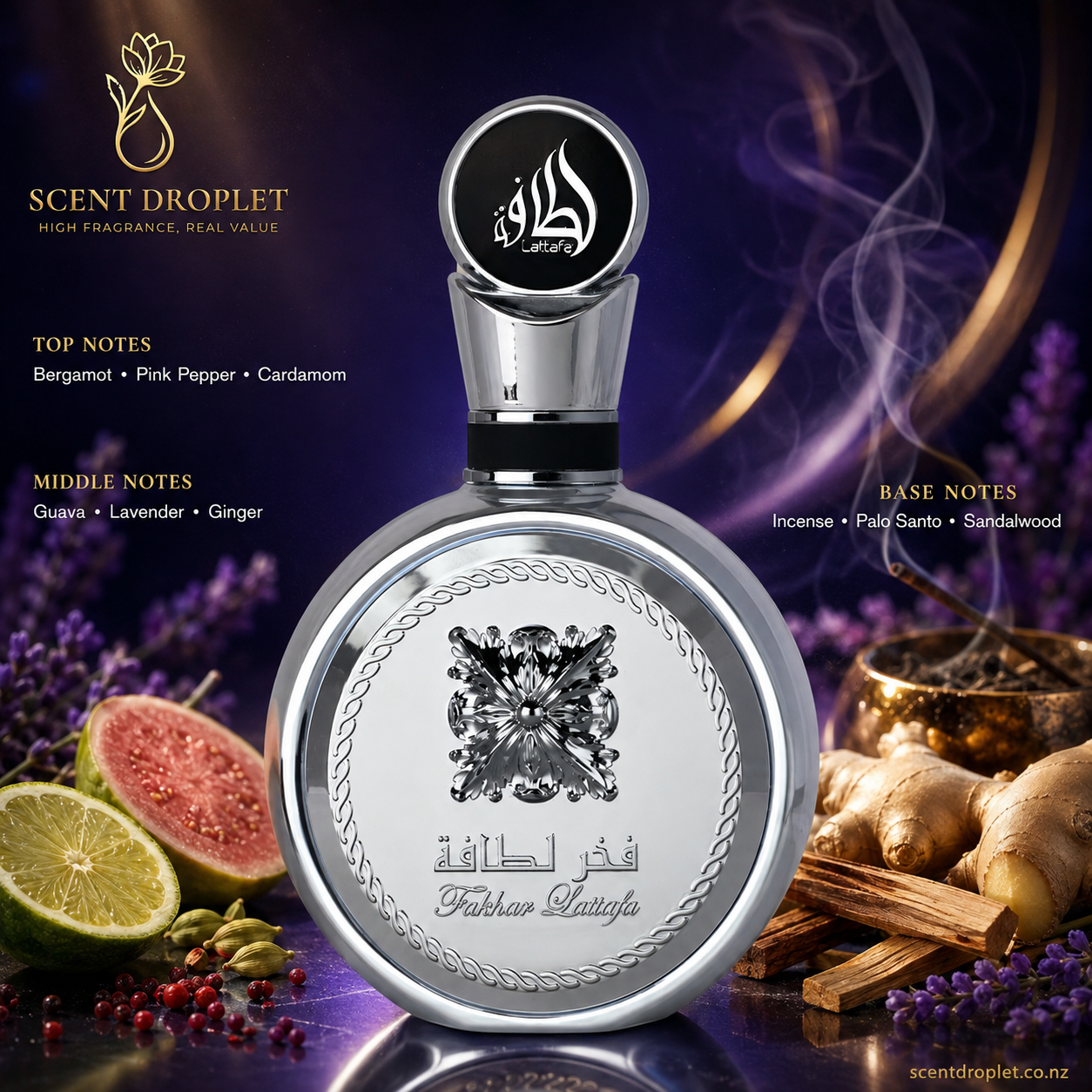 Fakhar Platin by Lattafa EDP bottle with fragrance notes listed