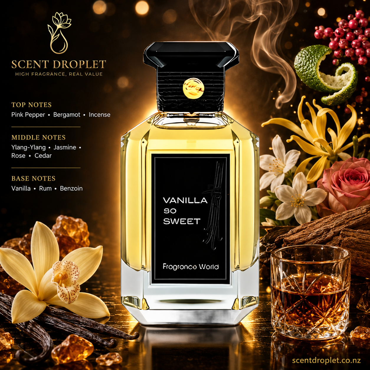 Vanilla So Sweet by Fragrance World EDP - bottle with ingredients