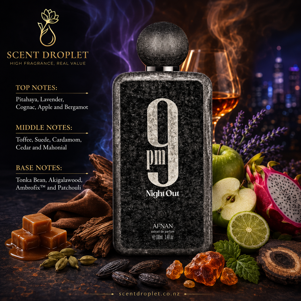 9 PM Night Out by Afnan Extrait bottle with fragrance notes