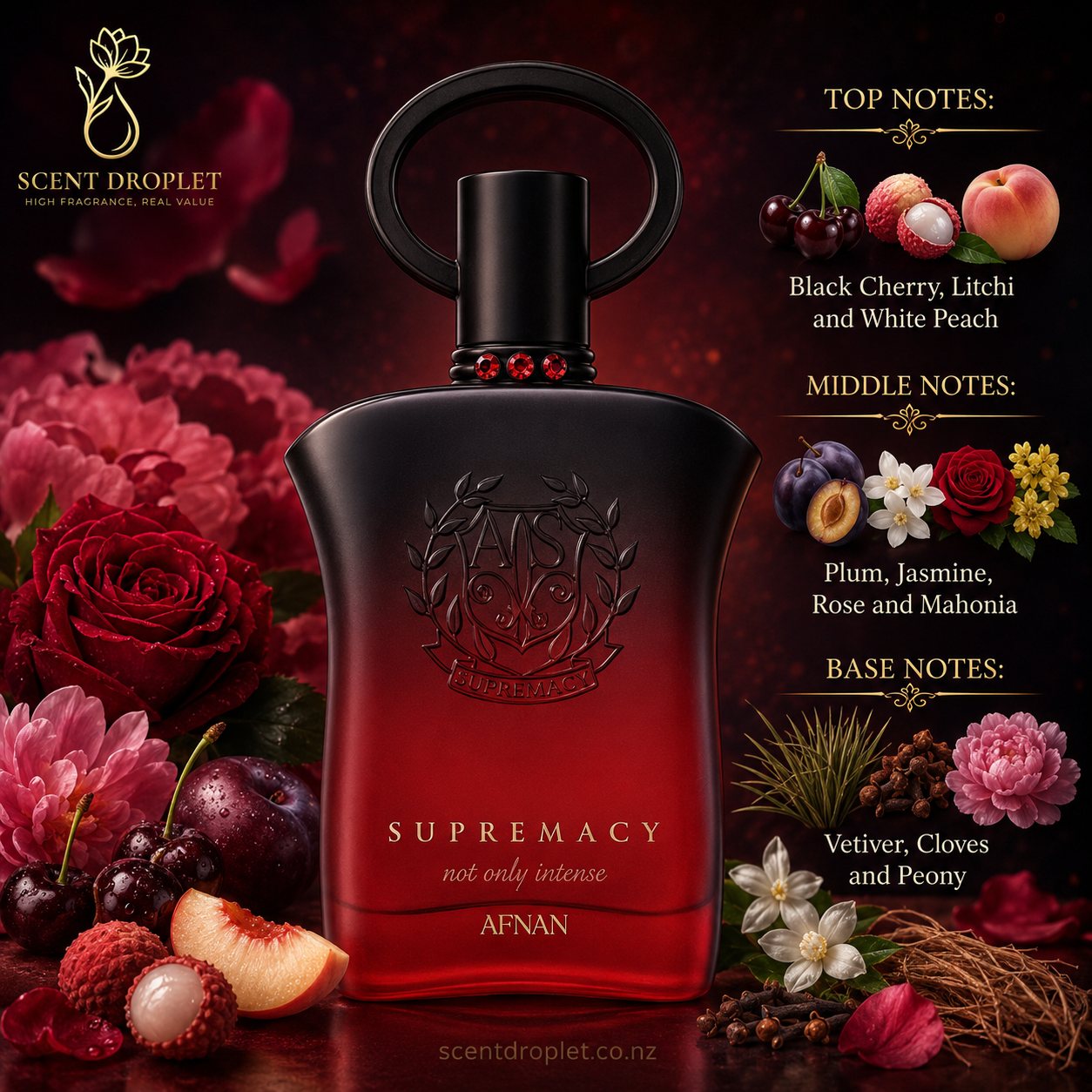 Supremacy Tapis Rouge by Afnan Extrait bottle with fragrance notes