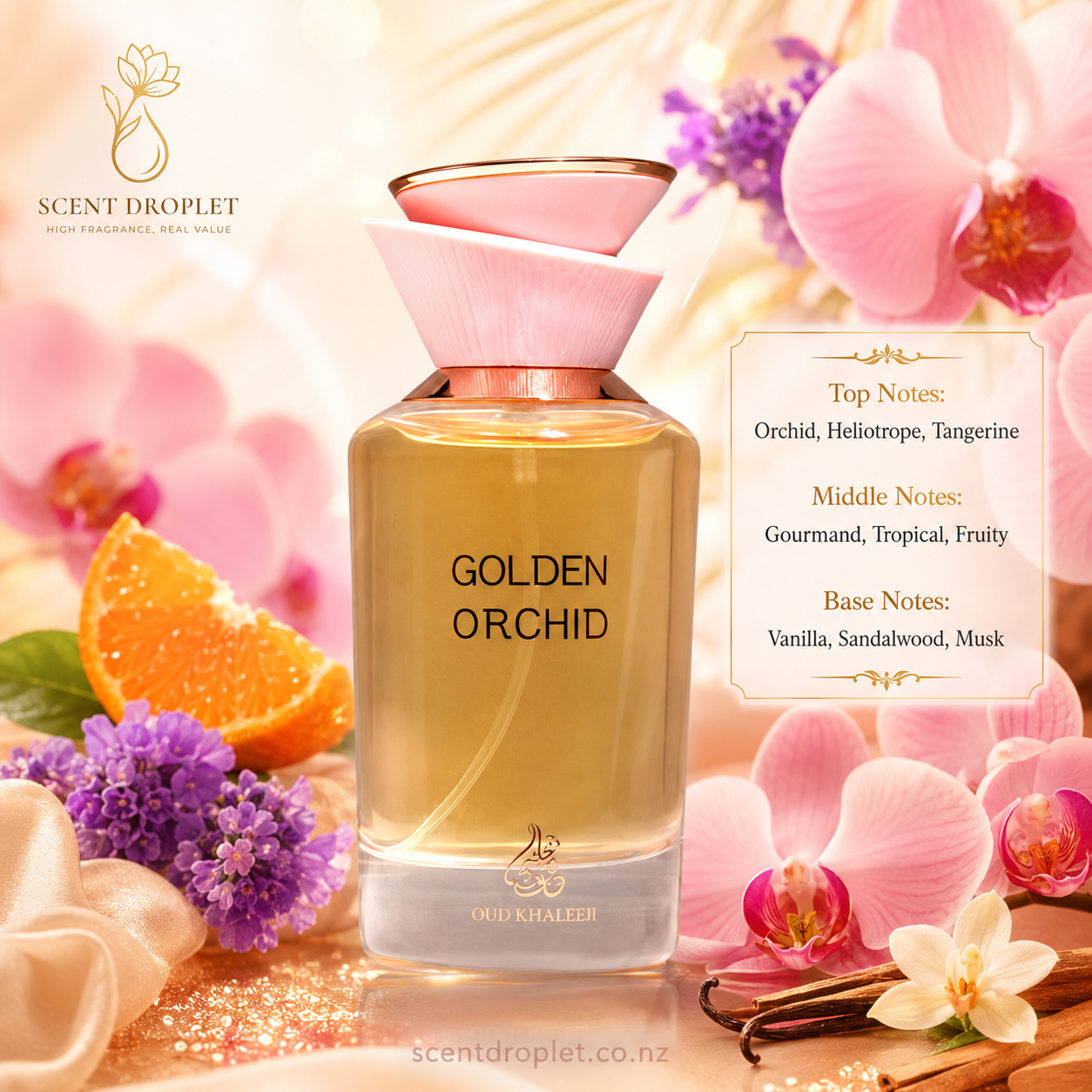 Golden Orchid by Oud Khaleeji Eau de Parfum bottle with orchids and citrus