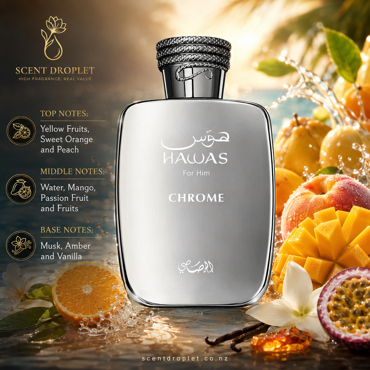 Hawas Chrome by Rasasi bottle with fragrance notes