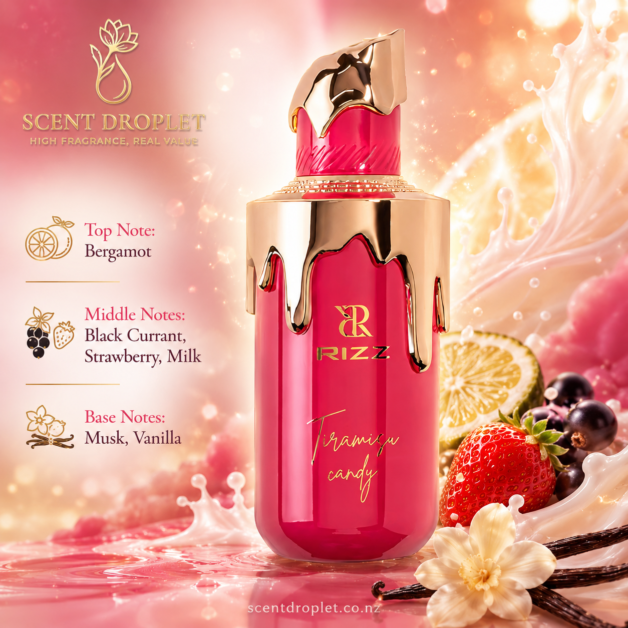 Tiramisu Candy by Rizz - fragrance notes infographic with bergamot, blackcurrant, strawberry milk, musk and vanilla