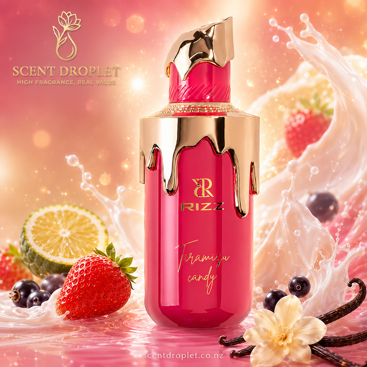 Tiramisu Candy by Rizz Eau de Parfum bottle in hot pink with gold drip cap surrounded by fresh fruits and vanilla
