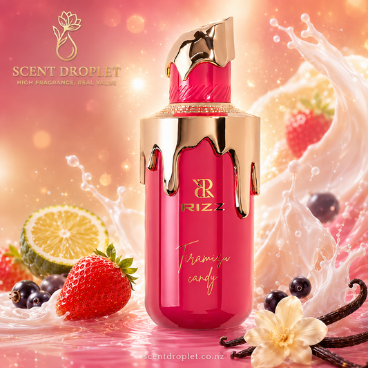 Tiramisu Candy by Rizz Eau de Parfum bottle in hot pink with gold drip cap surrounded by fresh fruits and vanilla