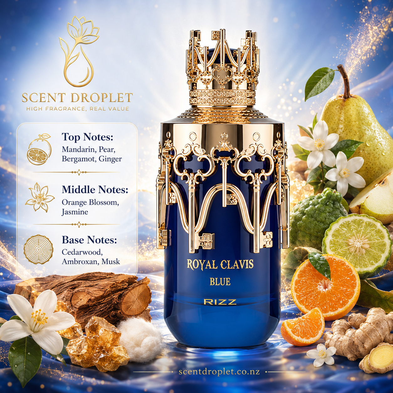 Royal Calvis Blue by Shaikh Saeed Extrait - fragrance notes infographic with mandarin, pear, bergamot, ginger, orange blossom, jasmine, cedarwood, ambroxan and musk
