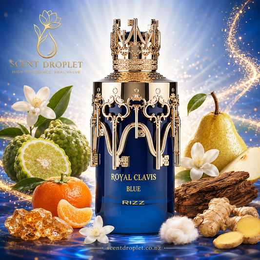 Royal Calvis Blue by Shaikh Saeed Extrait royal blue bottle with ornate gold crown cap surrounded by bergamot, pear, mandarin, ginger, jasmine and cedarwood