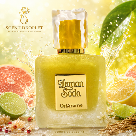 Lemon Soda by OriArome Shaikh Saeed EDP bottle surrounded by lime, lemon and grapefruit citrus fruits