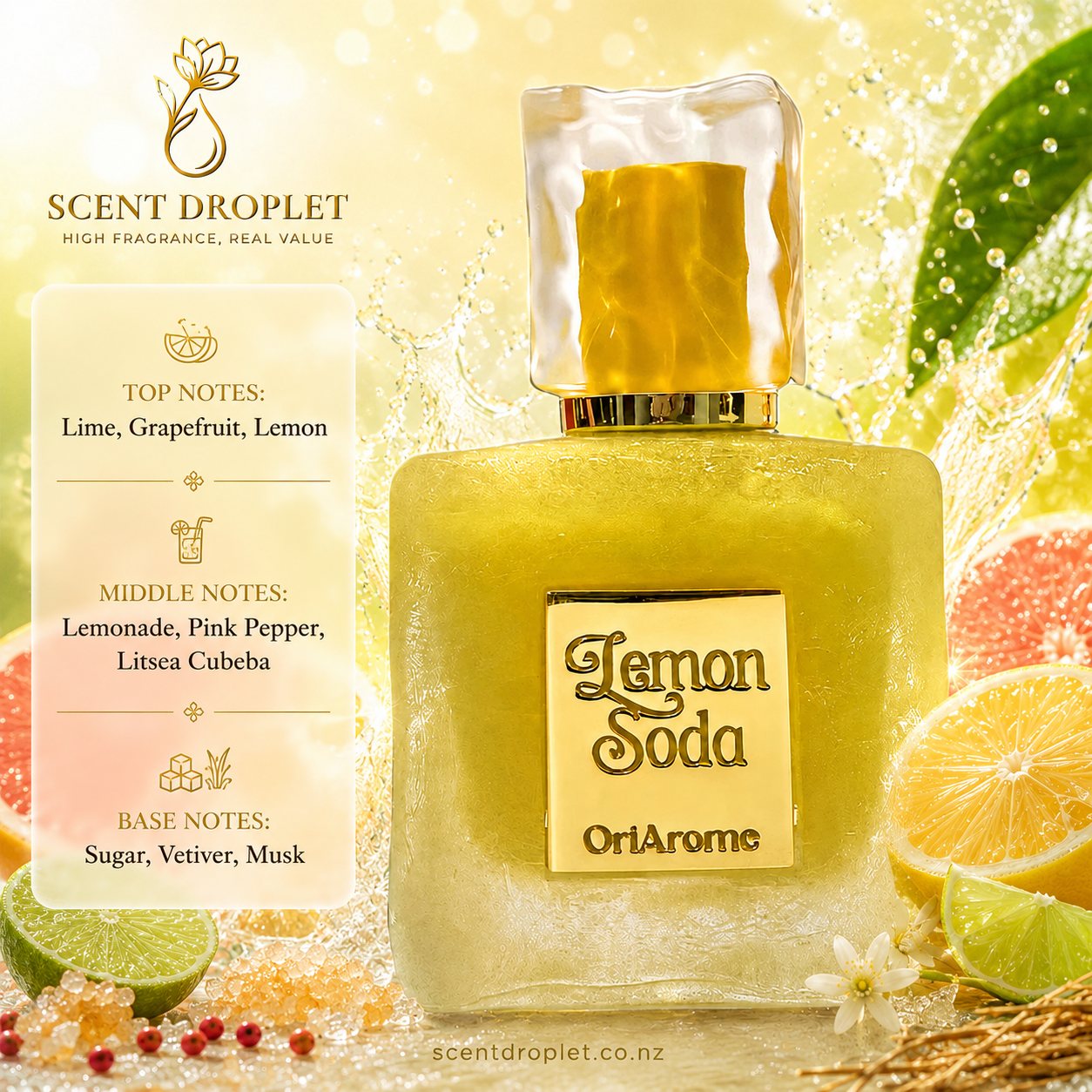 Lemon Soda by OriArome Shaikh Saeed - fragrance notes infographic showing lime, grapefruit, lemon, lemonade, pink pepper, litsea cubeba, sugar, vetiver and musk