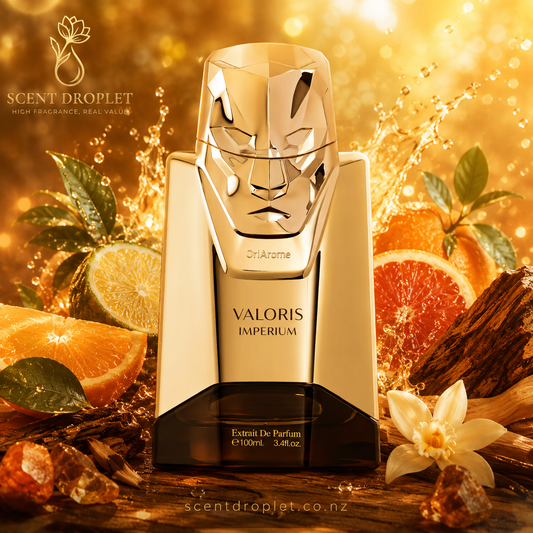 Valoris Imperium by Shaikh Saeed Extrait gold lion-head bottle surrounded by grapefruit, orange, bergamot and vanilla on golden background