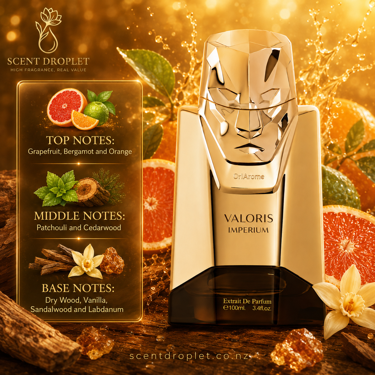 Valoris Imperium by Shaikh Saeed Extrait - fragrance notes infographic with grapefruit, bergamot, orange, patchouli, cedarwood, dry wood, vanilla, sandalwood and labdanum