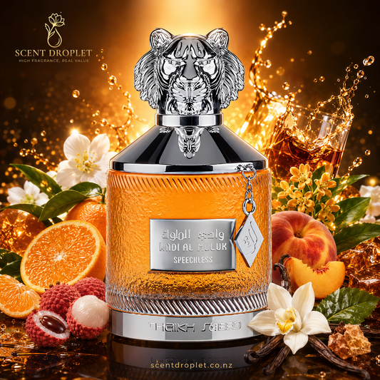 Wadi al Muluk Speechless by Shaikh Saeed - fragrance notes infographic showing mandarin, orange, lychee, peach, jasmine, osmanthus, vanilla, musk and patchouli