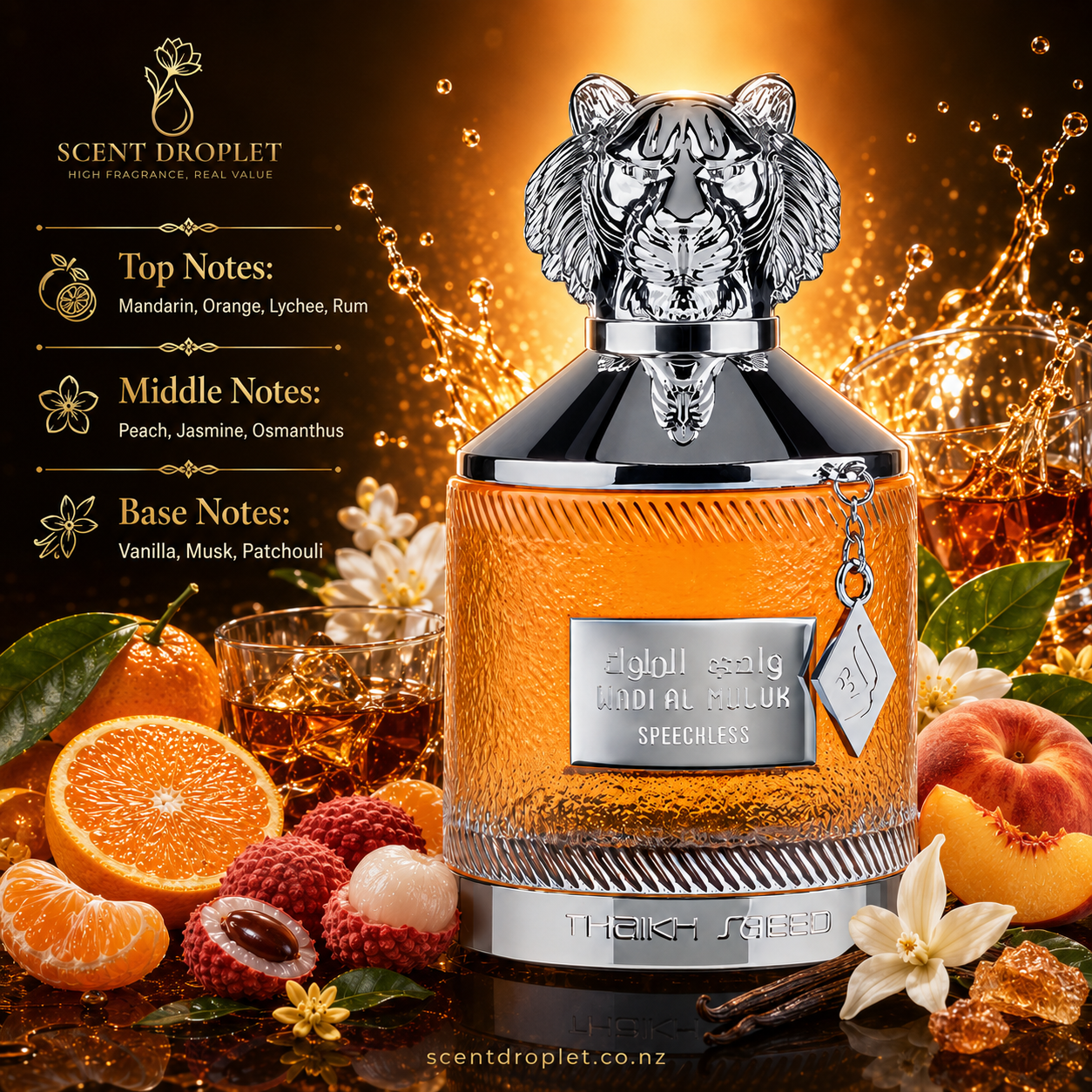 Wadi al Muluk Speechless by Shaikh Saeed - bottle with orange and lychee fruits, jasmine flowers and vanilla