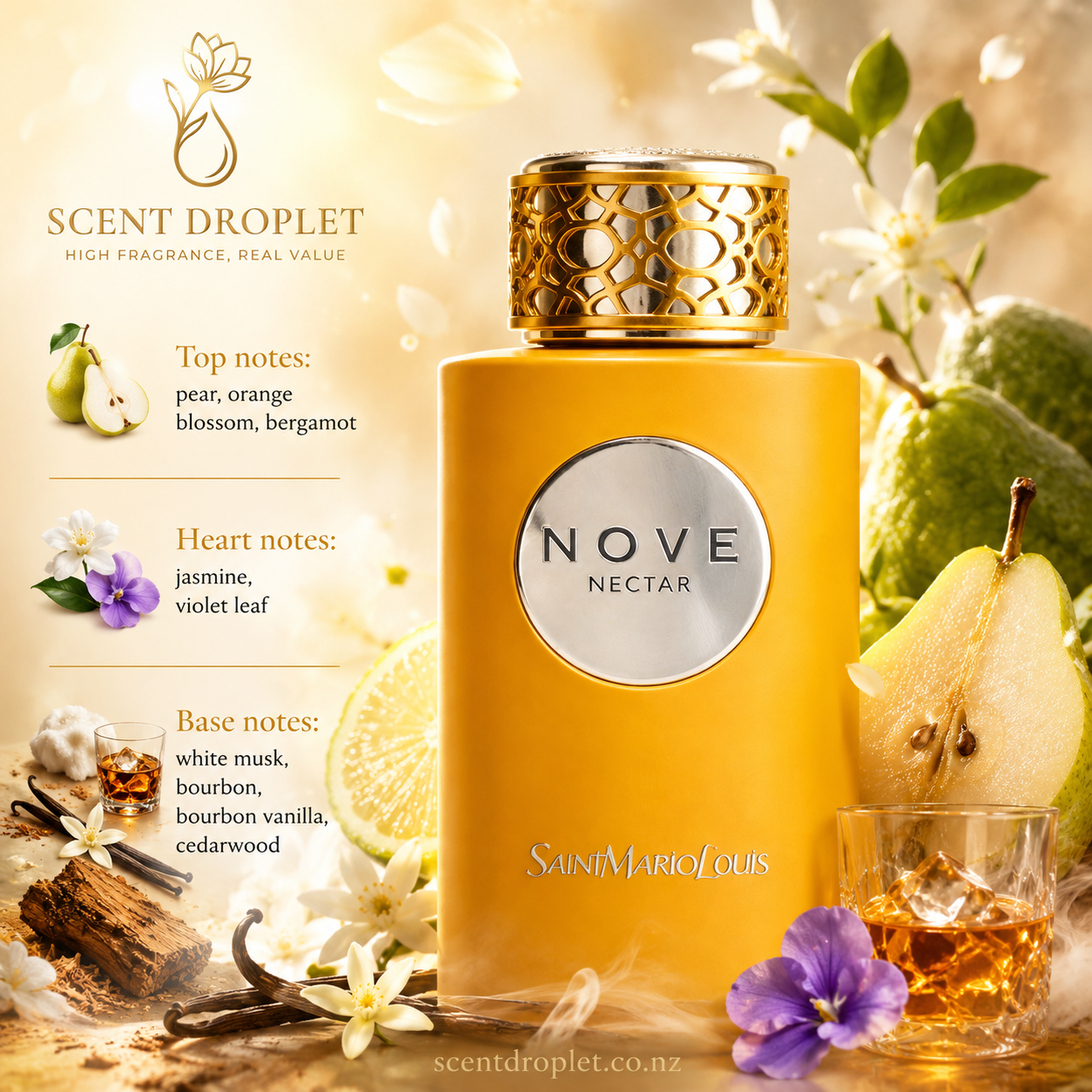Nove Nectar by Saint Mario Louis EDP bottle surrounded by pear, citrus, jasmine, vanilla and cedarwood ingredients