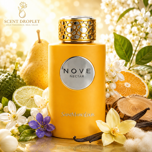 Nove Nectar by Saint Mario Louis - fragrance notes infographic showing pear, orange blossom, bergamot, jasmine, violet leaf, white musk, bourbon vanilla and cedarwood