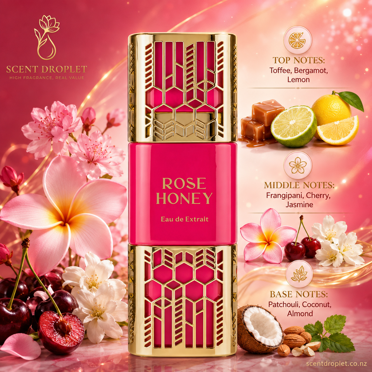 Rose Honey by Shaikh Saeed EDE Extract - fragrance notes infographic with toffee, bergamot, frangipani, cherry, jasmine, patchouli, coconut and almond