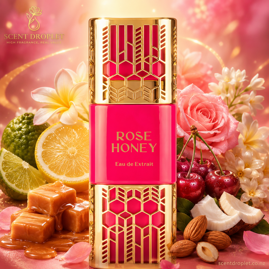 Rose Honey by Shaikh Saeed Eau de Extrait bottle in hot pink with gold lattice cap surrounded by cherries, toffee, lemon, jasmine and coconut